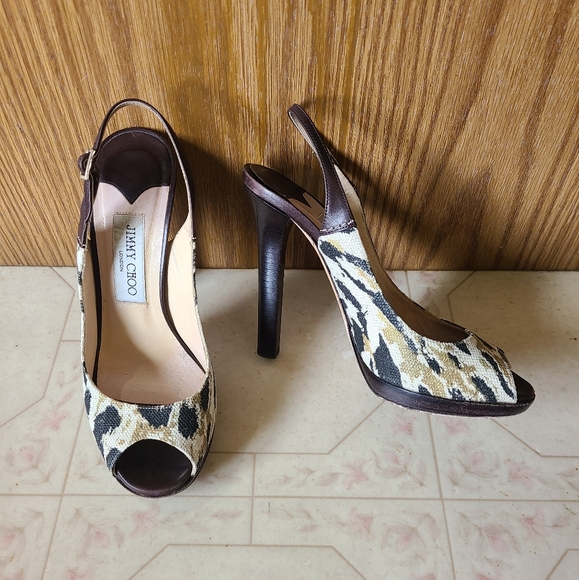 Jimmy Choo Animal Print Canvas Slingback Heels Size 37 - Picture 2 of 10